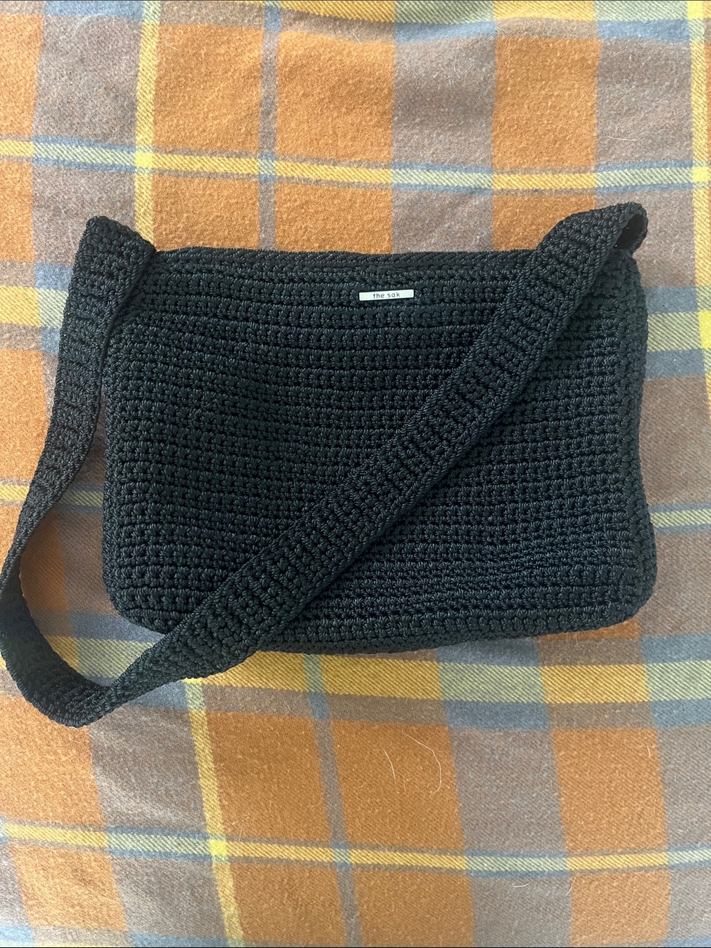 Vintage The Sak Black Crochet Shoulder Bag Sleek Everyday Handbag Y2K Boho